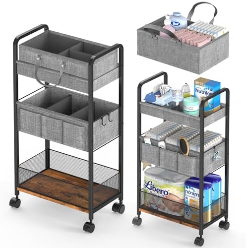 2In1 Baby Diaper Caddy & 3-Tier Rolling Diaper Cart, Diaper Caddy Black