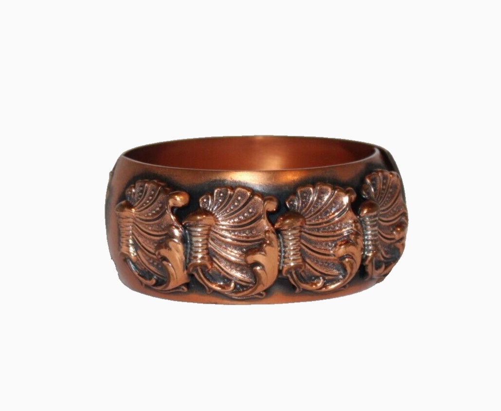 VTG Whiting & Davis Copper Clamper Bracelet Scallop Leaf Hinged Signed