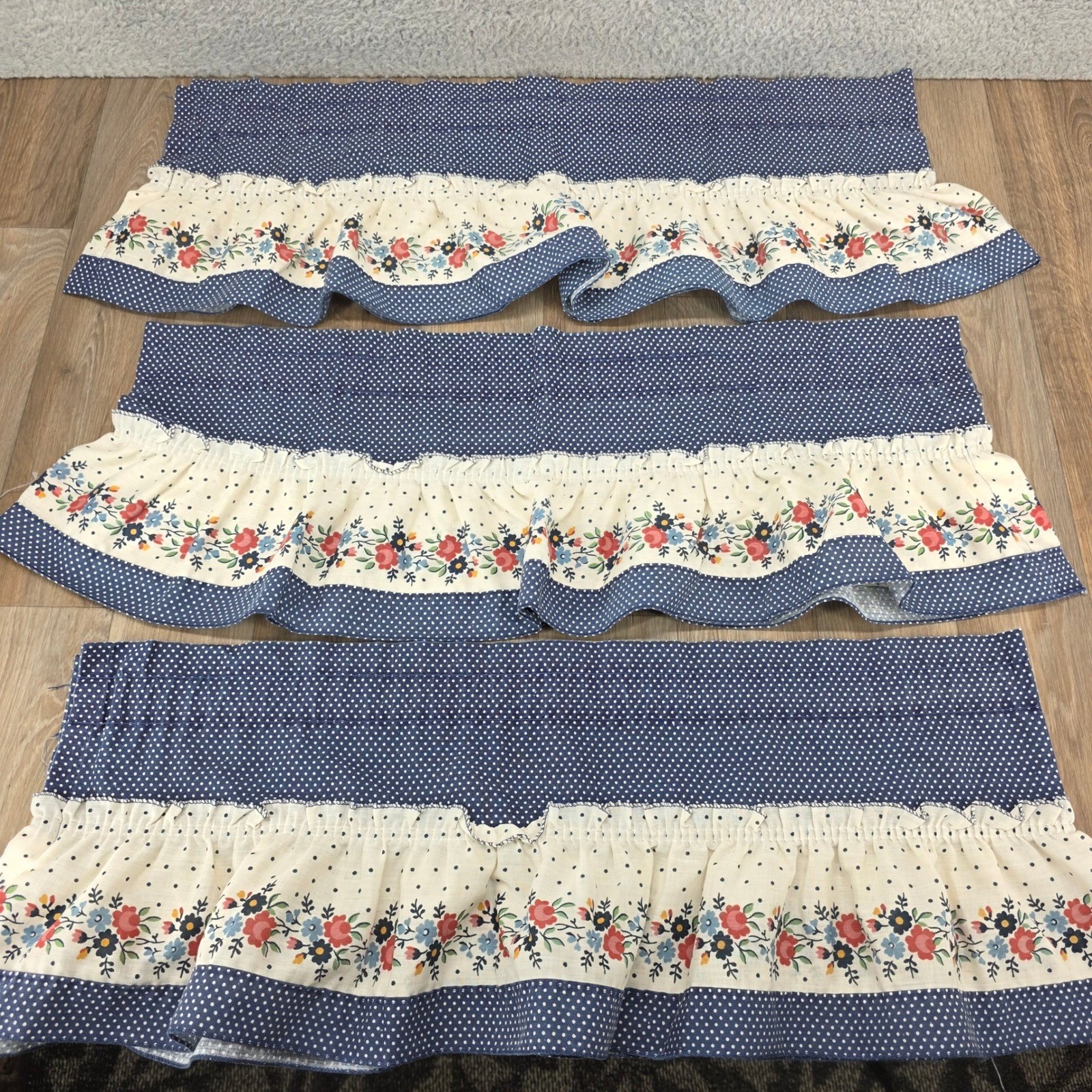 Vintage Navy Polka Dot Floral Ruffled Window Valances Set of 3 Cottagecore 52x10