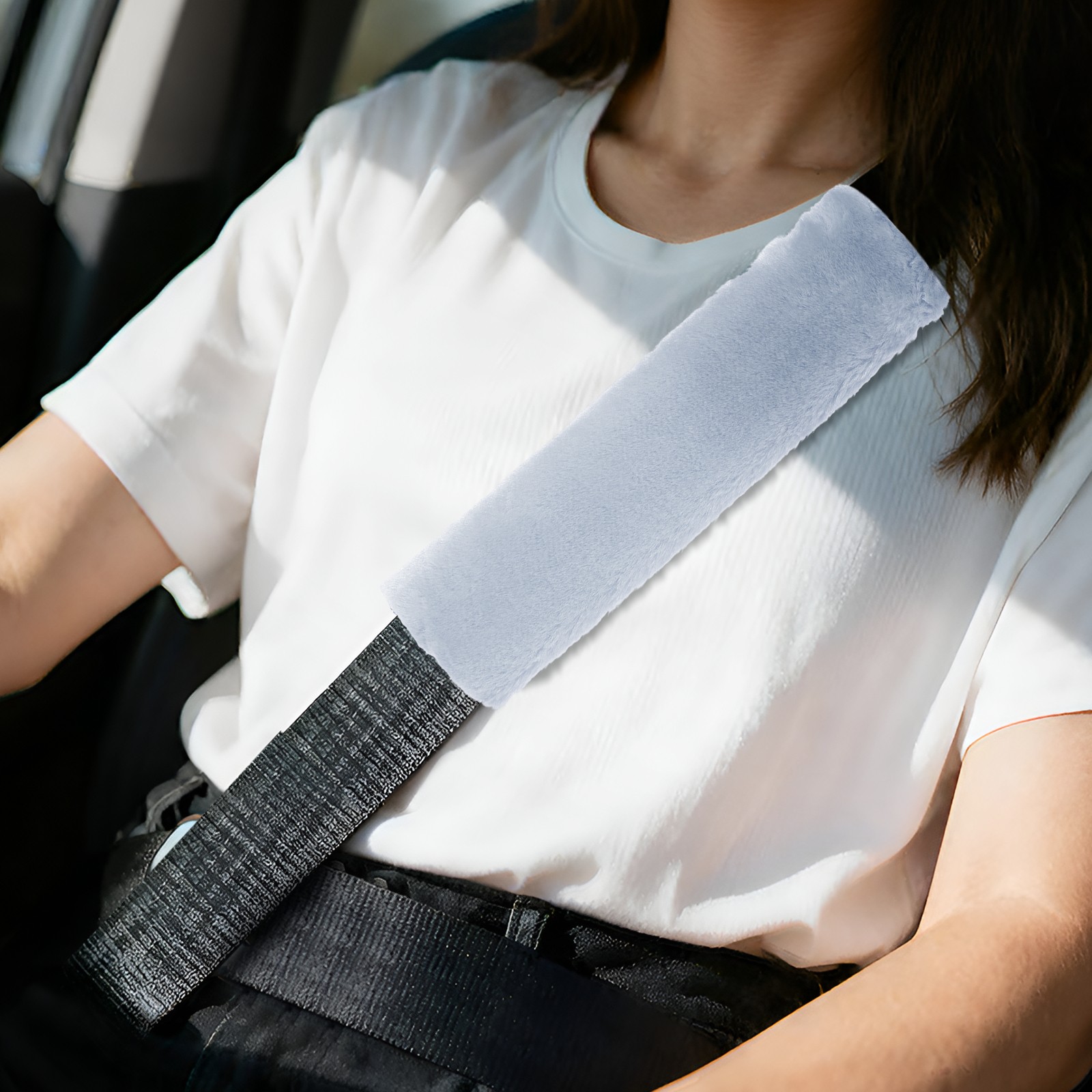 2 Pcs Car Seat Belt Cover Pad Soft Fluffy Seatbelt Cushion Blue Gray