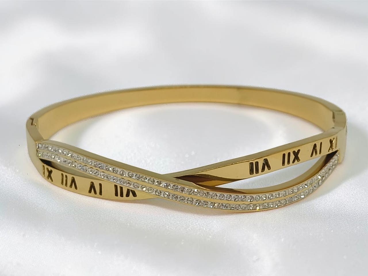 Roman Numeral Gold Bangle  Sparkling Zirconia | Premium Stainless Steel Bracelet