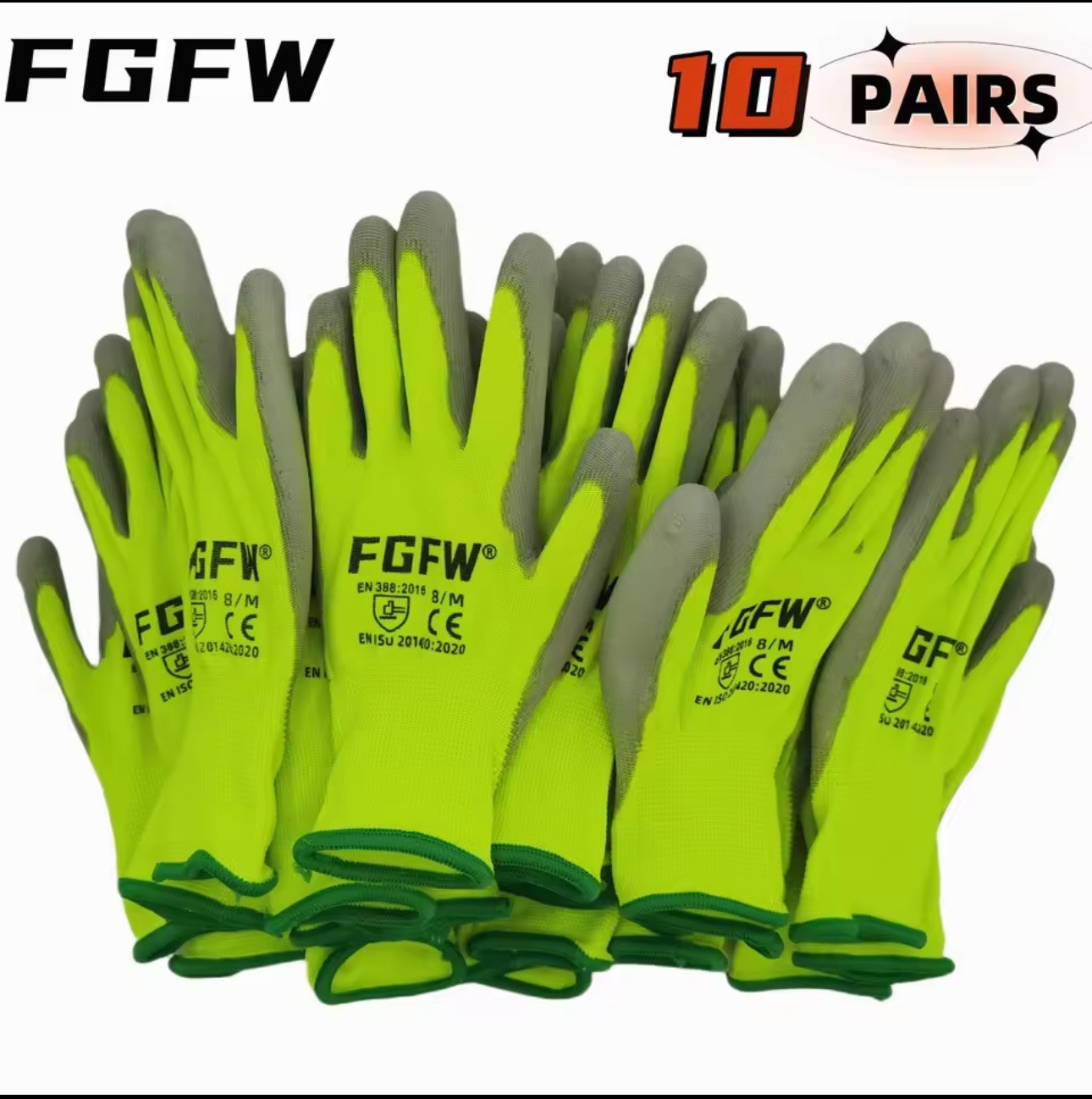 10 Pairs PU Coated Work Gloves - Lightweight, Durable Safety Gloves EN 388/ISO20
