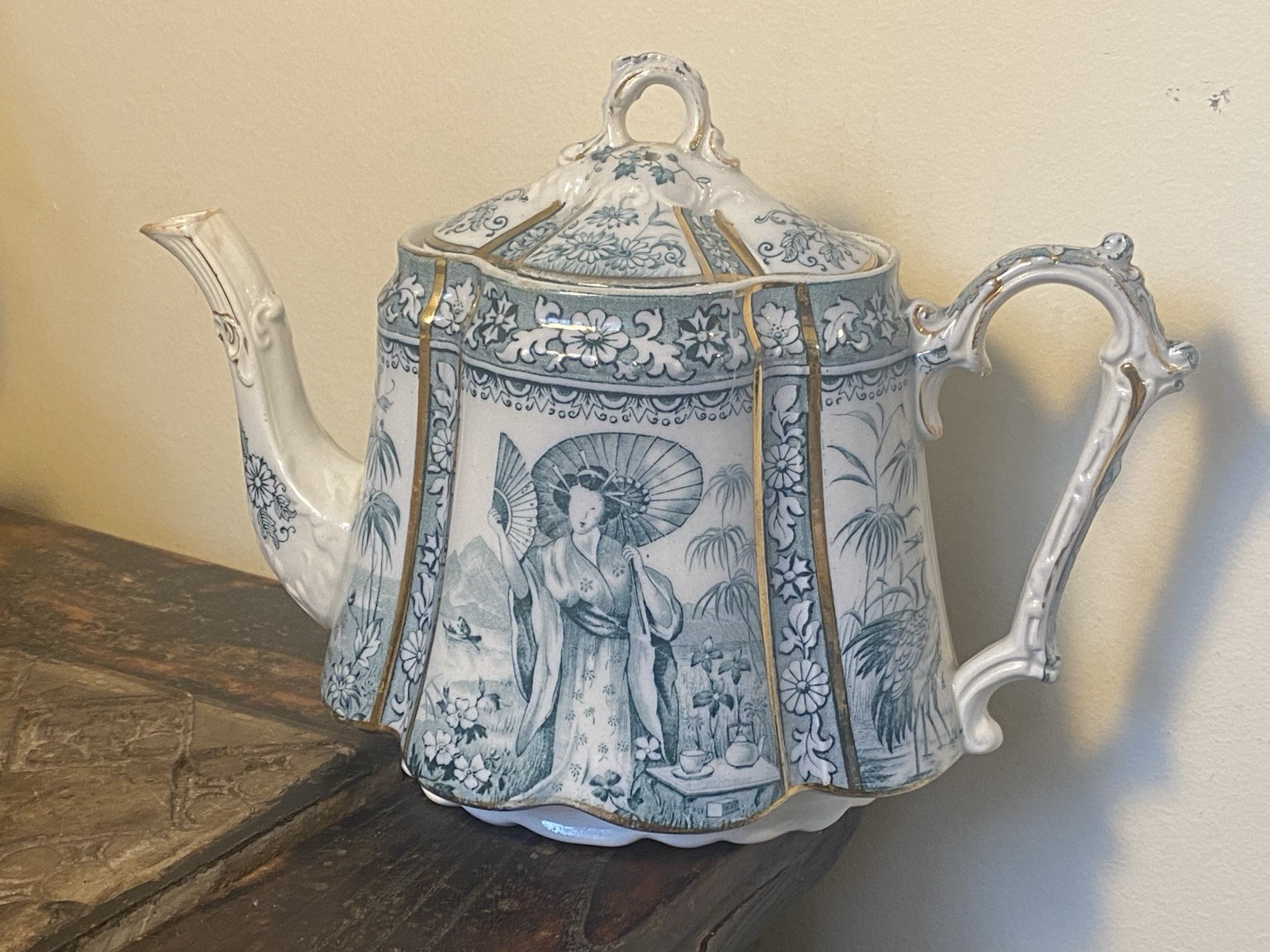 British Antique Teapot Porcelain Blue and White Floral Pattern with Gold Trim