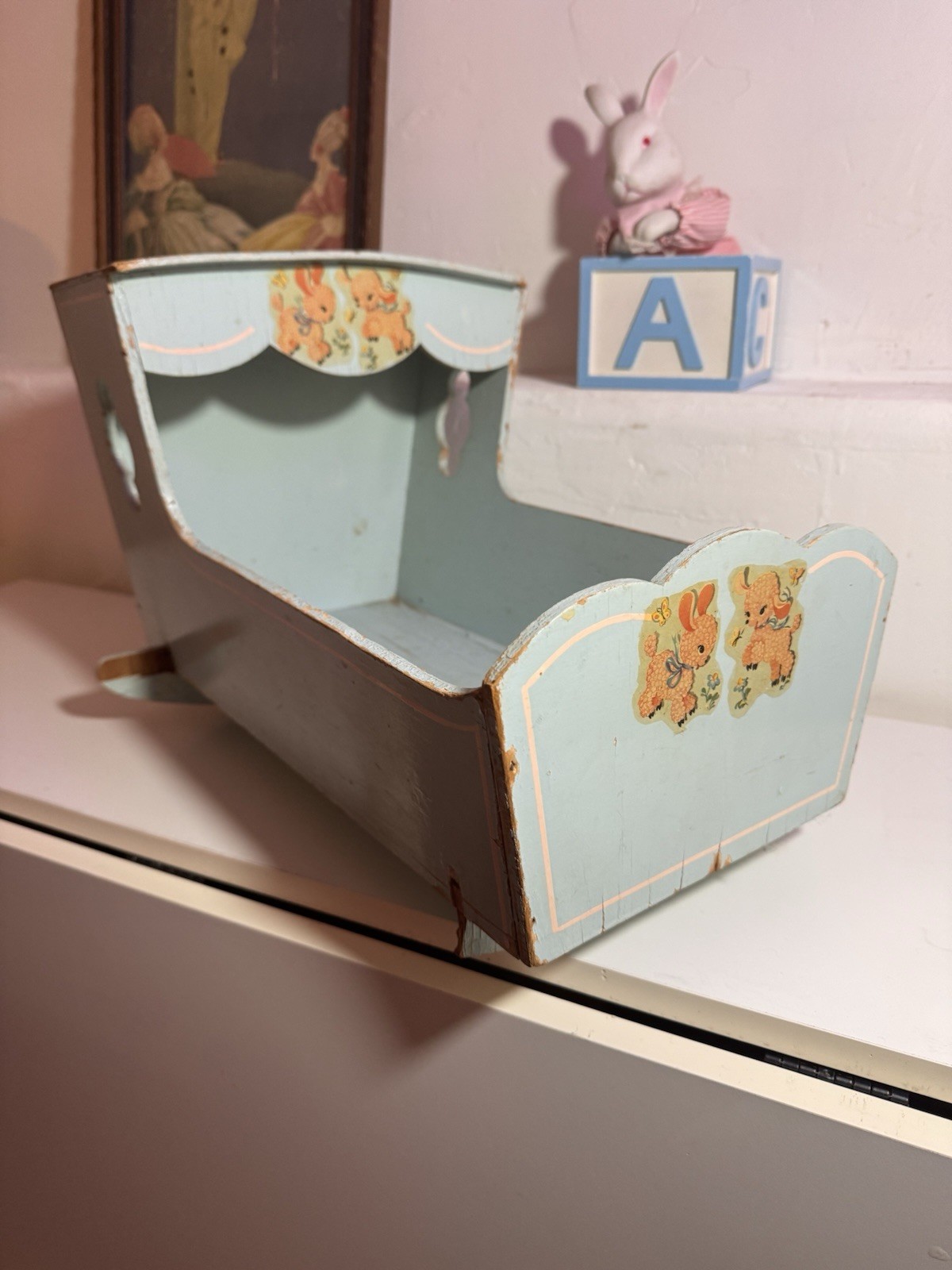 Vintage Anyique Light Blue Wooden Doll Cradle Sherp Animal Decals, Collectible