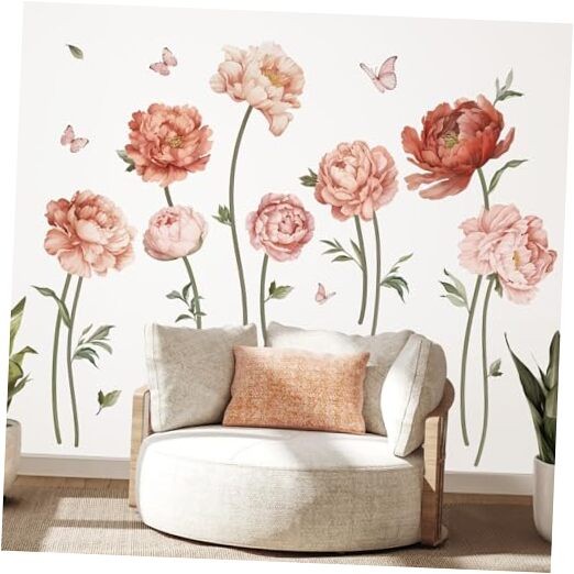  Pink Peony Rose Flower Wall Stickers Boho Floral Peel and Stick Wall Art 