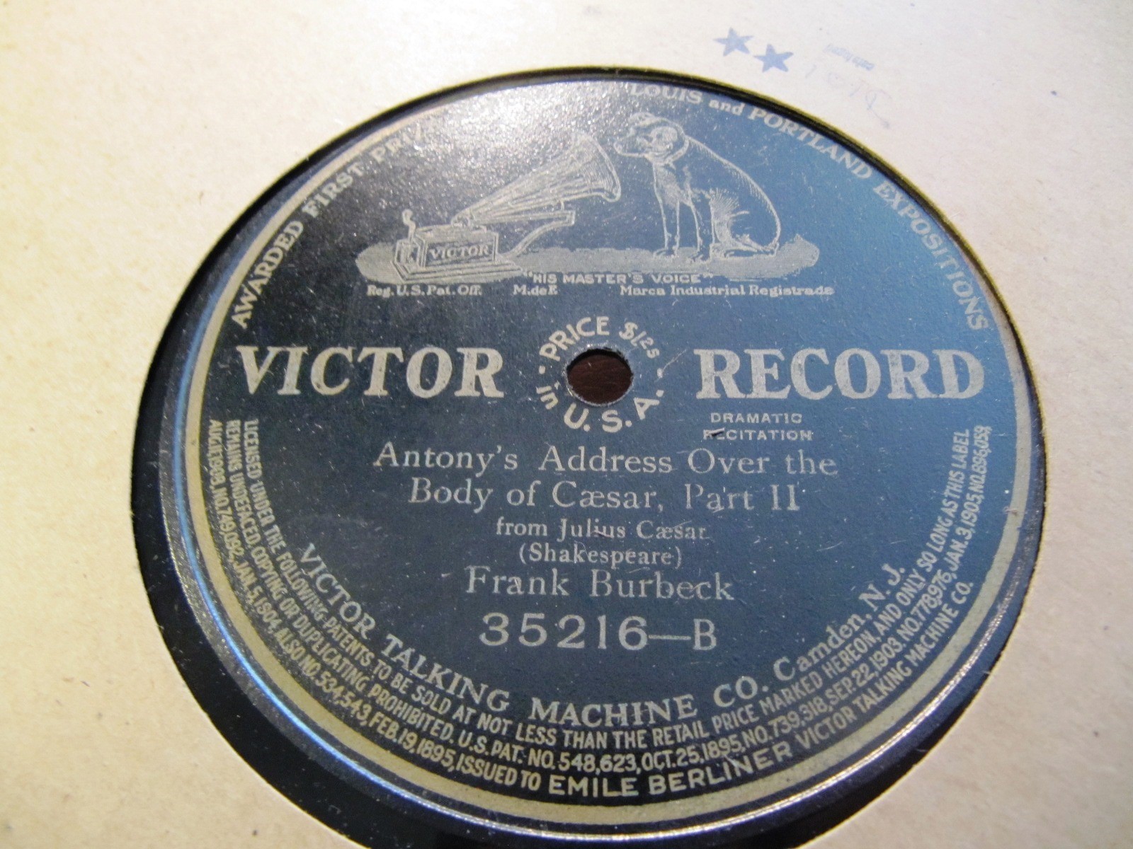 1911 FRANK BURBECK Actor Julius CAESAR Anthony's Address Shakespeare VICTOR REC