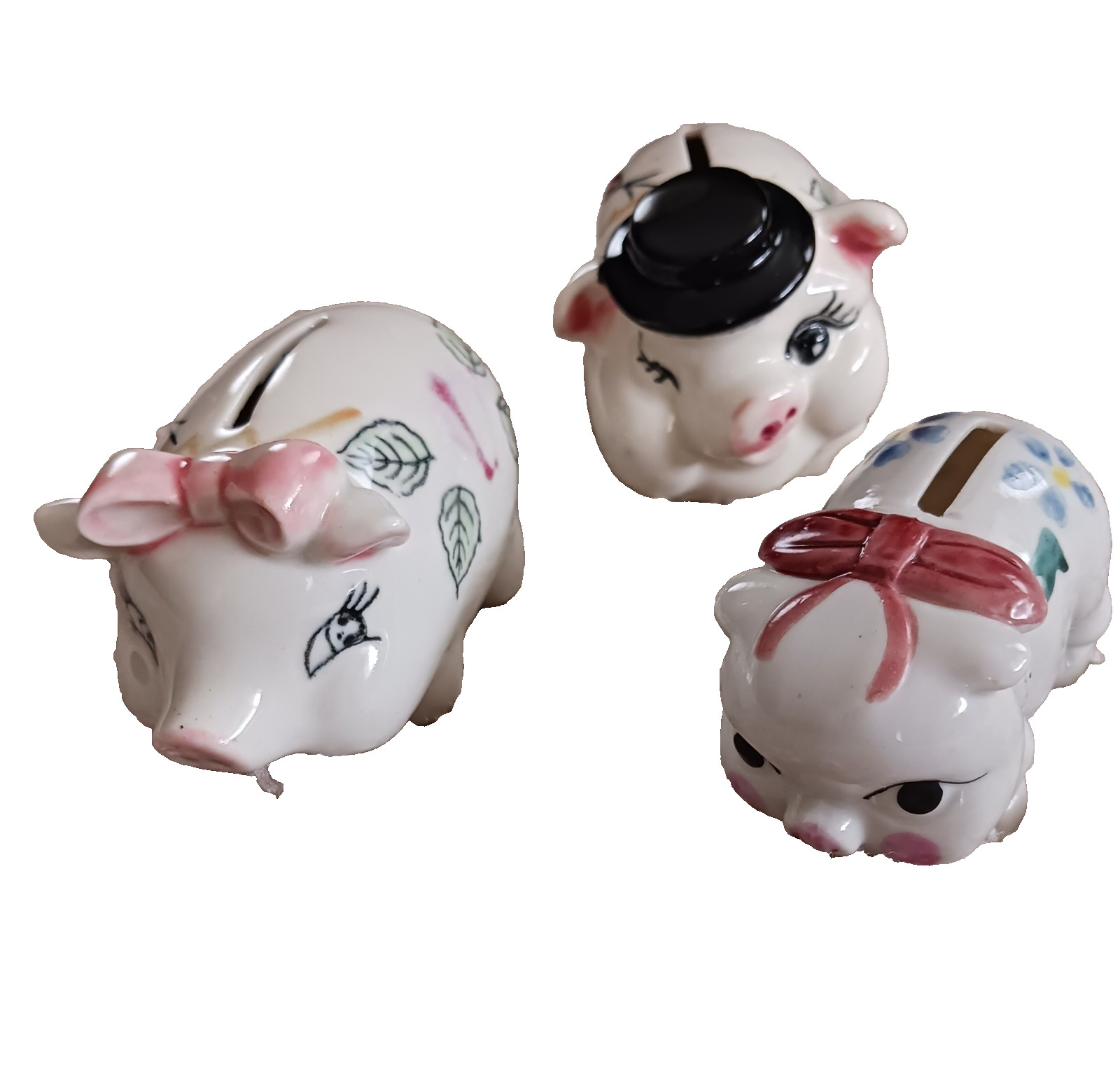 Coin Banks 3 Little Piggy Ceramic Hand Painted Whimsy Fairytale Fun Vintage