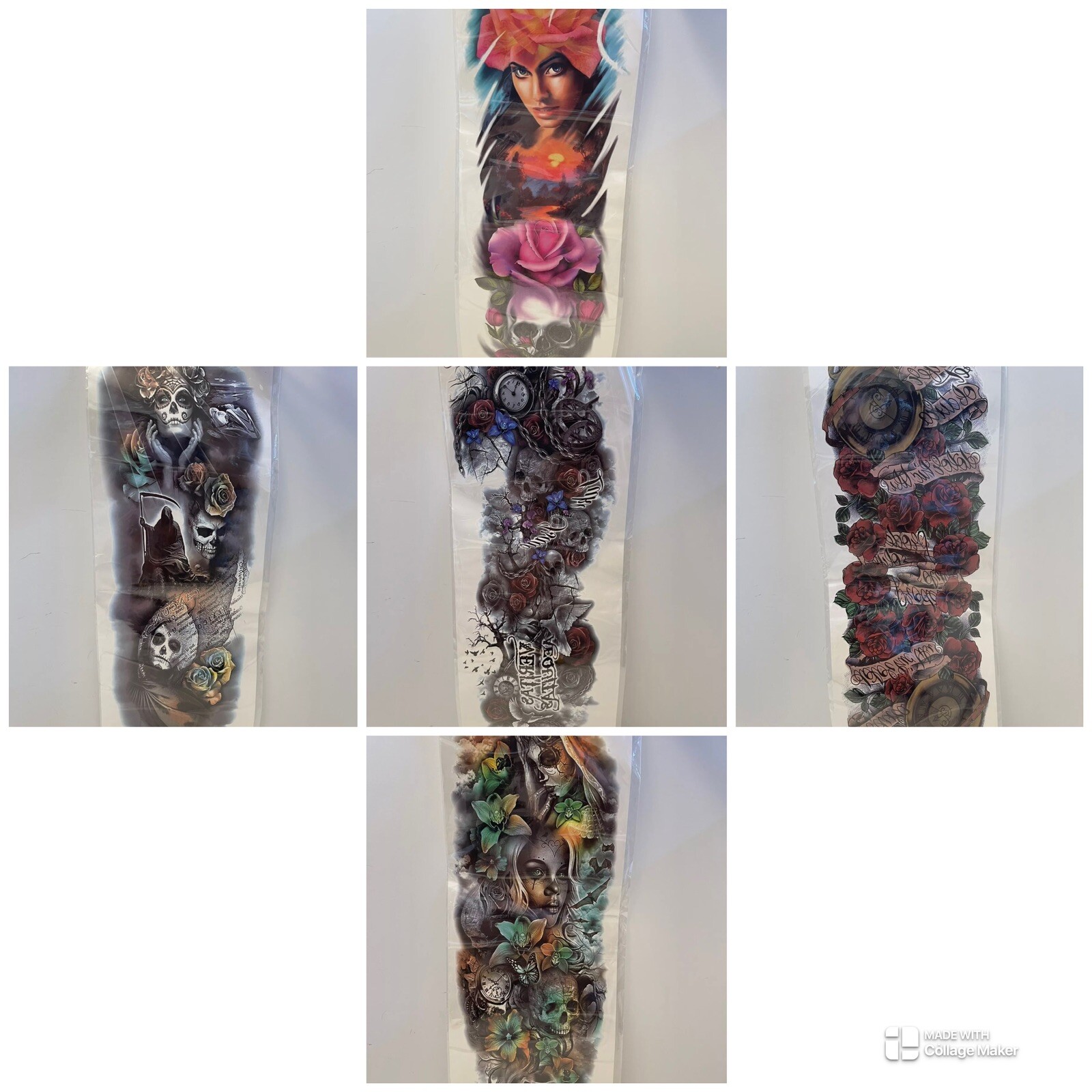 Temporary Tattoos Lot Of 5 18” Pieces Skulls Flowers 