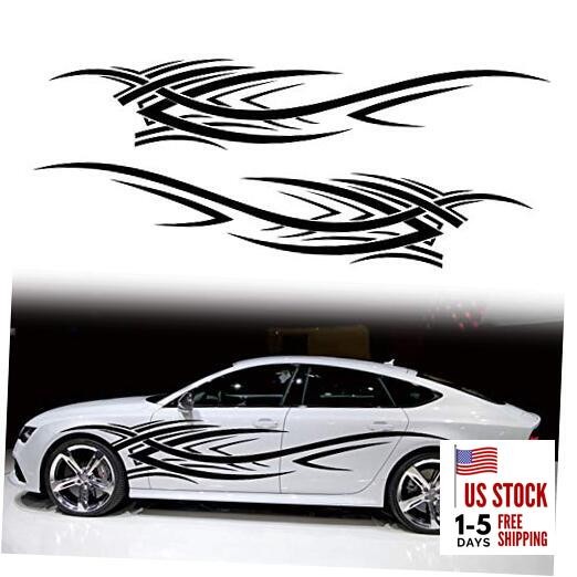 2Pcs 94.4'' Universal Flame Graphics Car Auto Body Side Sticker Style2 Black