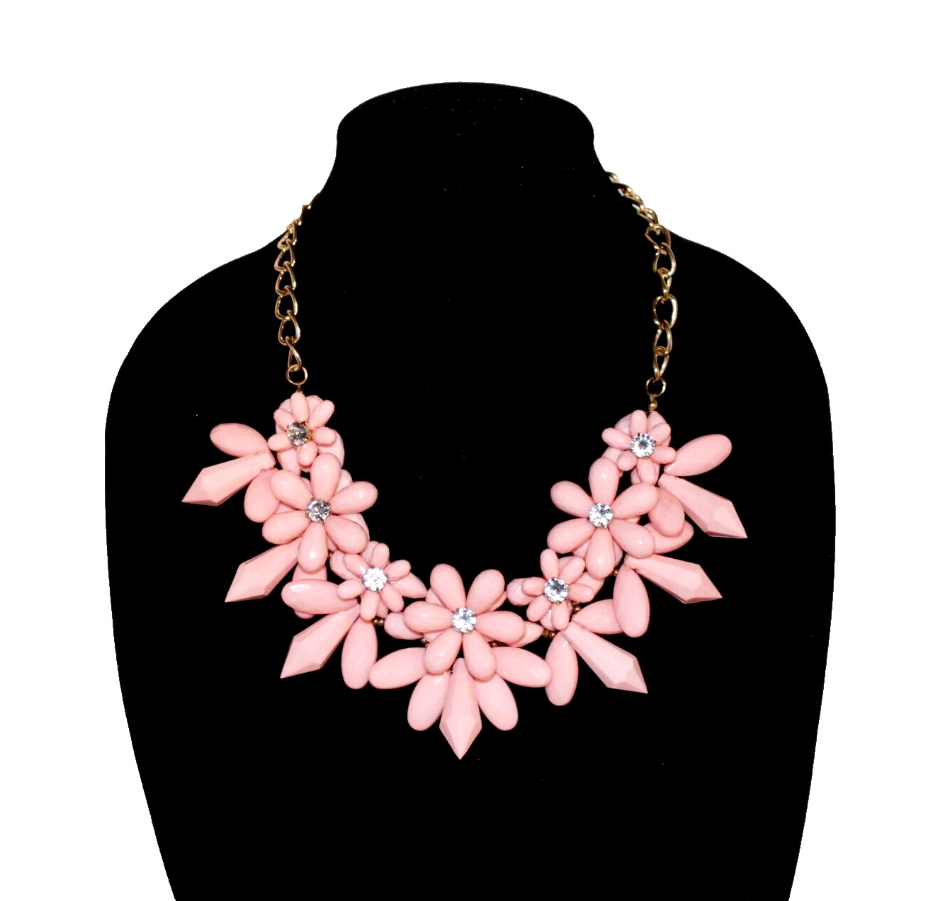 Rhinestone Pink Flower Bib Necklace Faceted Acrylic Beaded Cluster Glamour