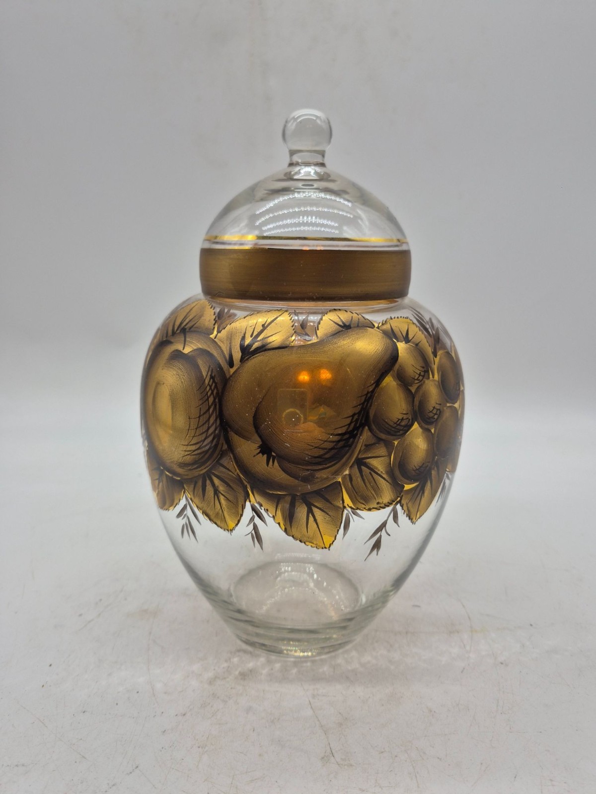 Vintage apothecary lidded glass jar gold hand painted fruit 9.5" x 5.5"