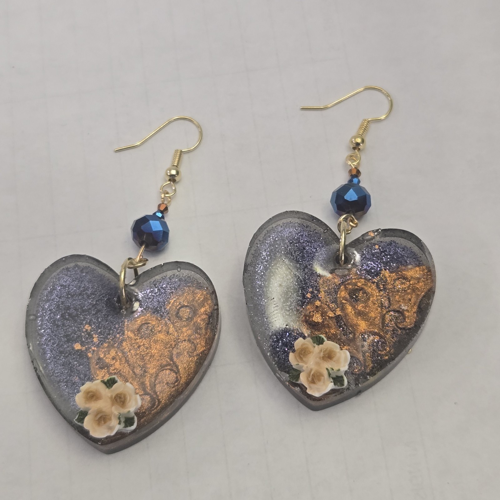 Handcrafted Resin Heart Dangle Earrings Blue Gold Beads Floral for Women