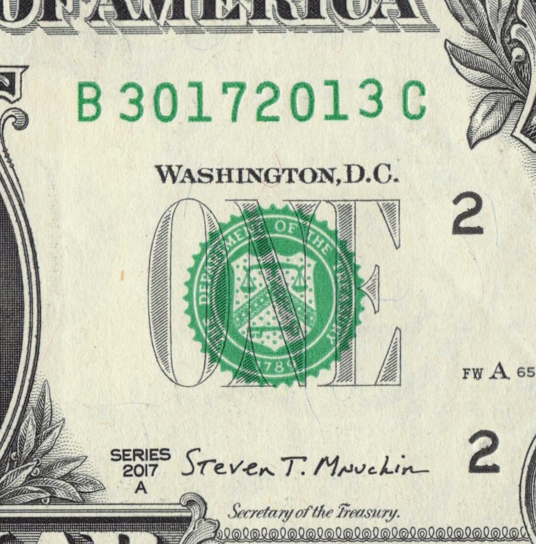 Year Note 2013 in the Serial Number $1 Dollar Bill Trialing Position B30172013C
