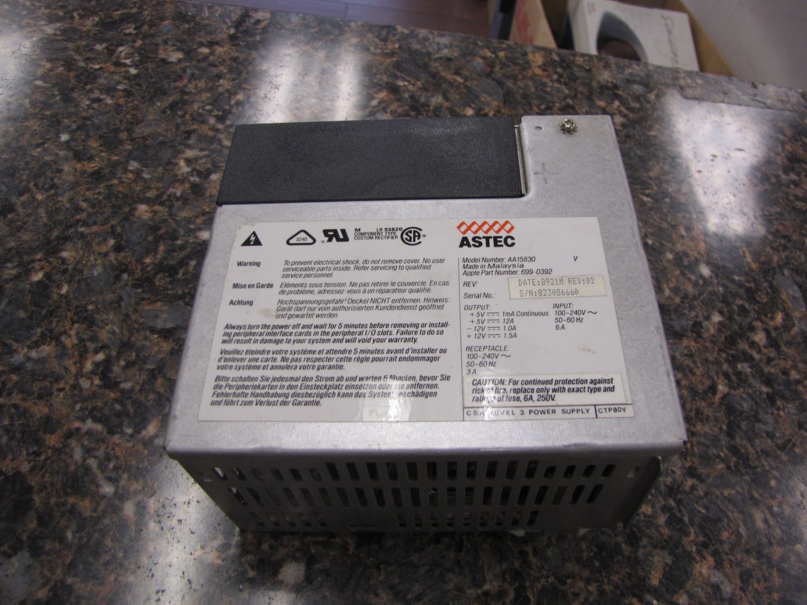 Vintage Apple Part 699-0392 Astec AA15830 Power Supply - JD37