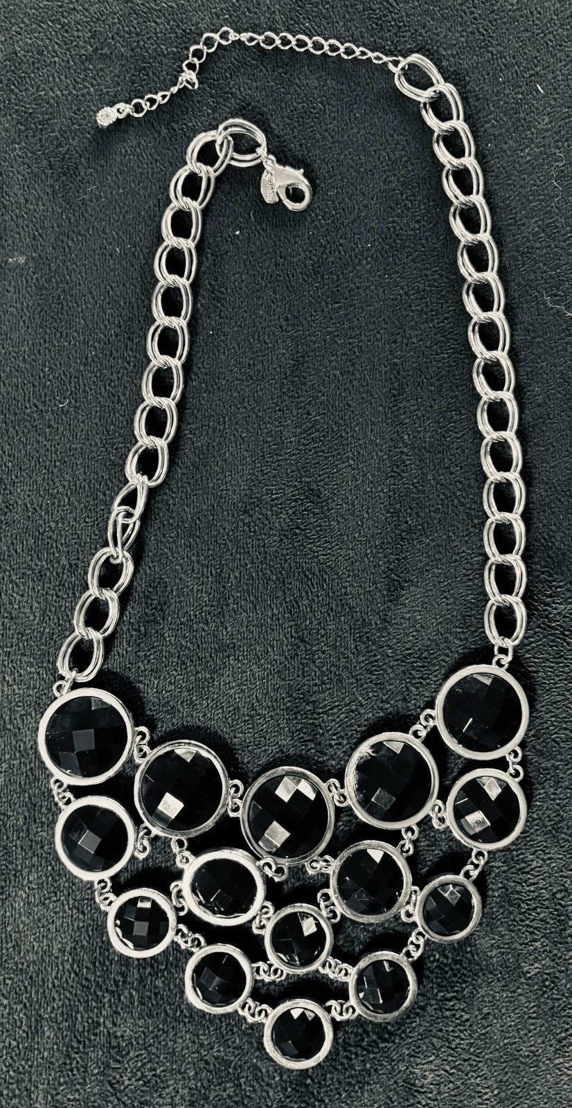Lia Sophia Statement Necklace Silver Tone Chain Black Faceted Glass Circles