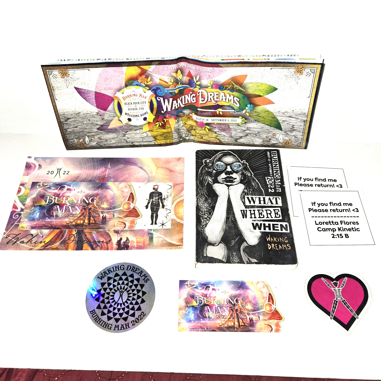 Burning Man 2022 Lot: Ticket, Map, Book, Stickers, Postcard & "If You Find" Tags