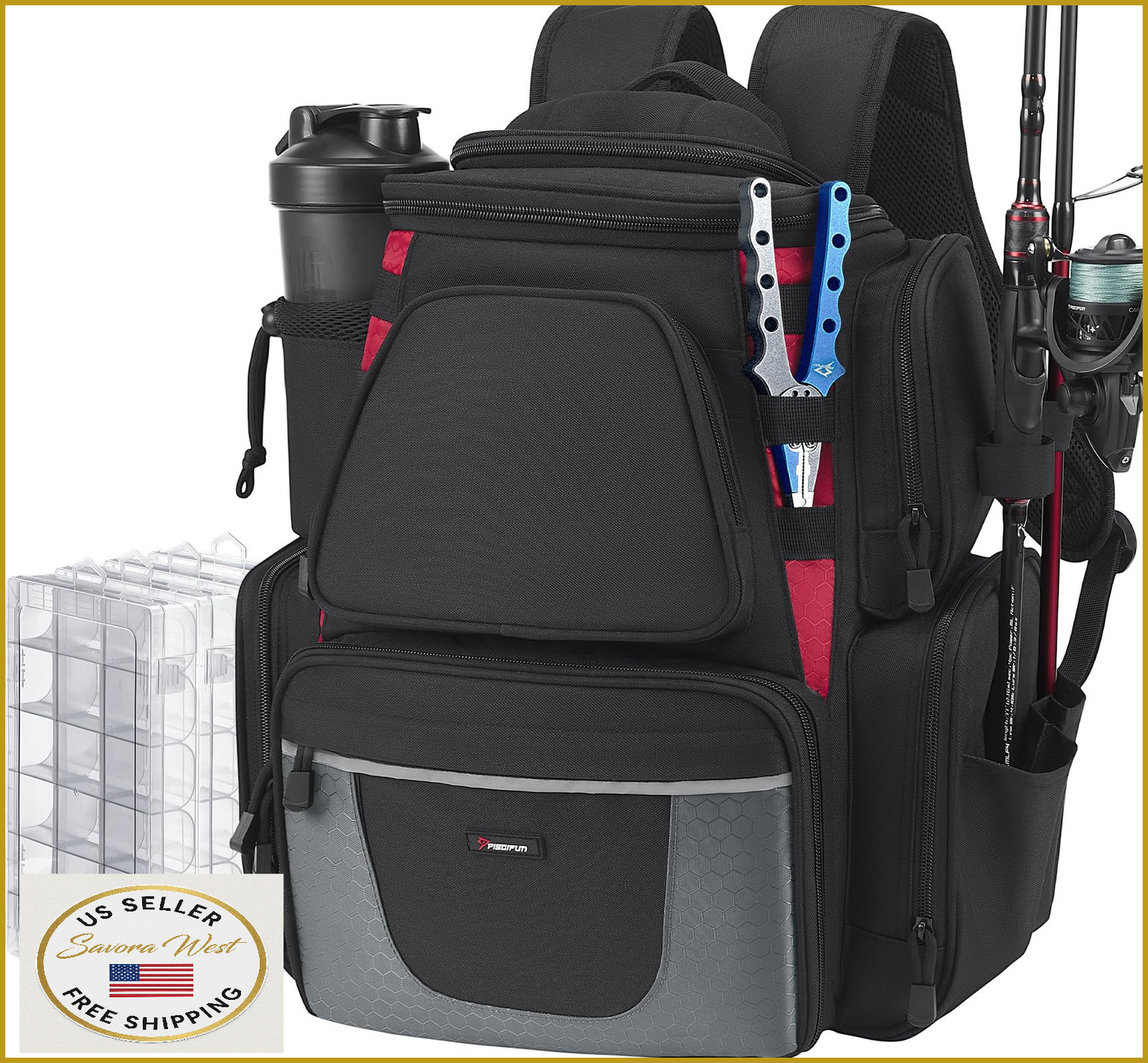 Piscifun Fishing Backpack w/ 2 Rod Holders & 4 Tackle Boxes, Large Storage Bag