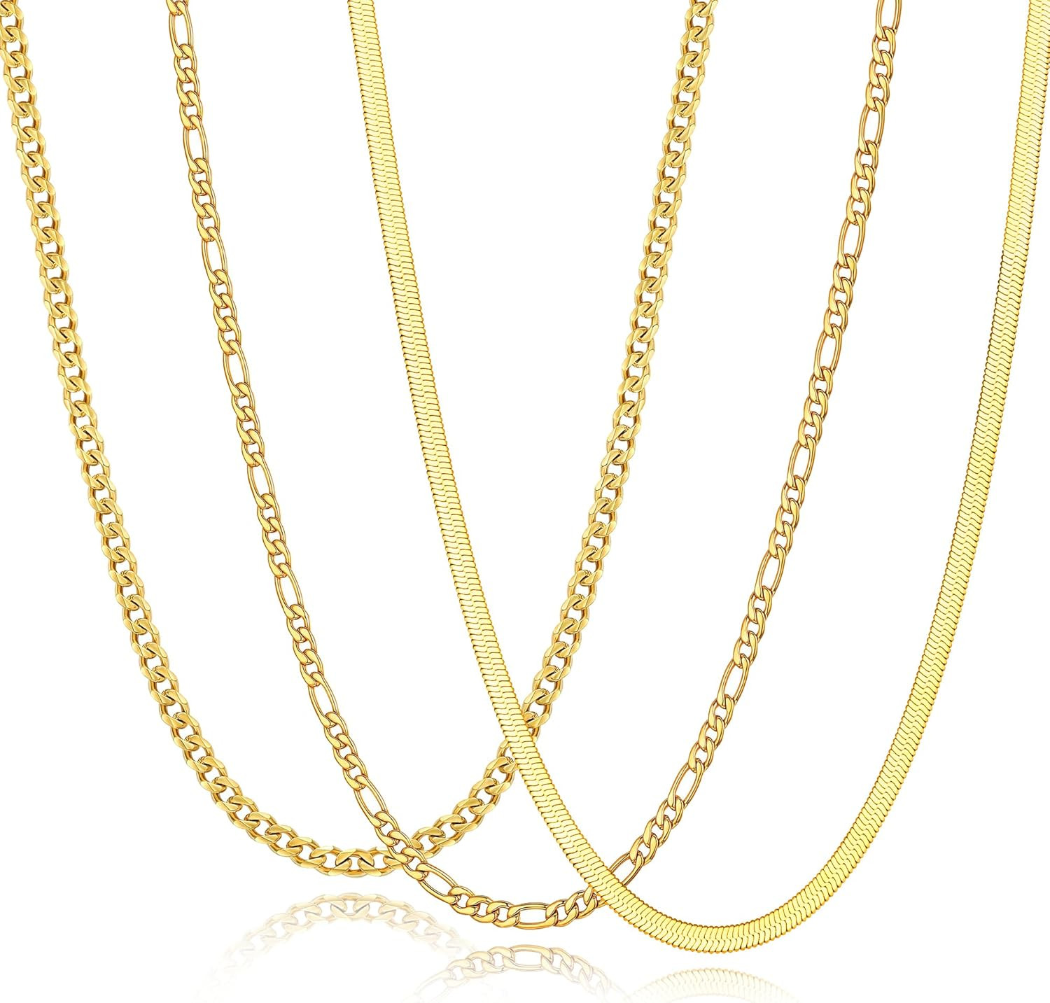 3 PCS Chain Necklace for Men Women, Stainless Steel Cuban Link/Figaro/Herringbon