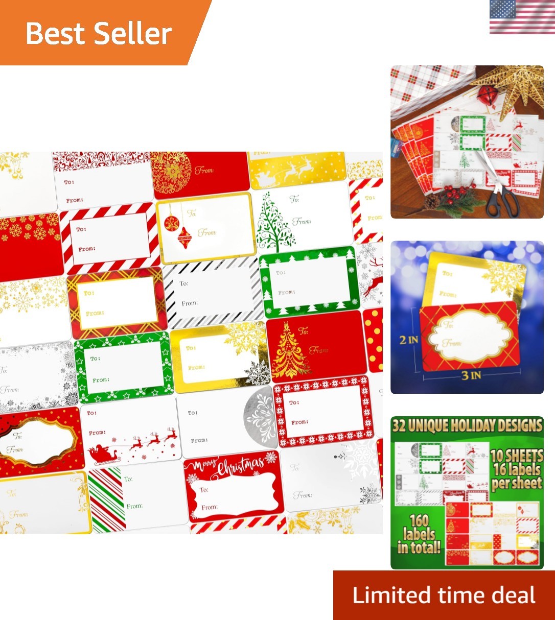 160 Pack Christmas Name Tag Stickers Present with Gold & Silver Foil, 3"x2" 3...