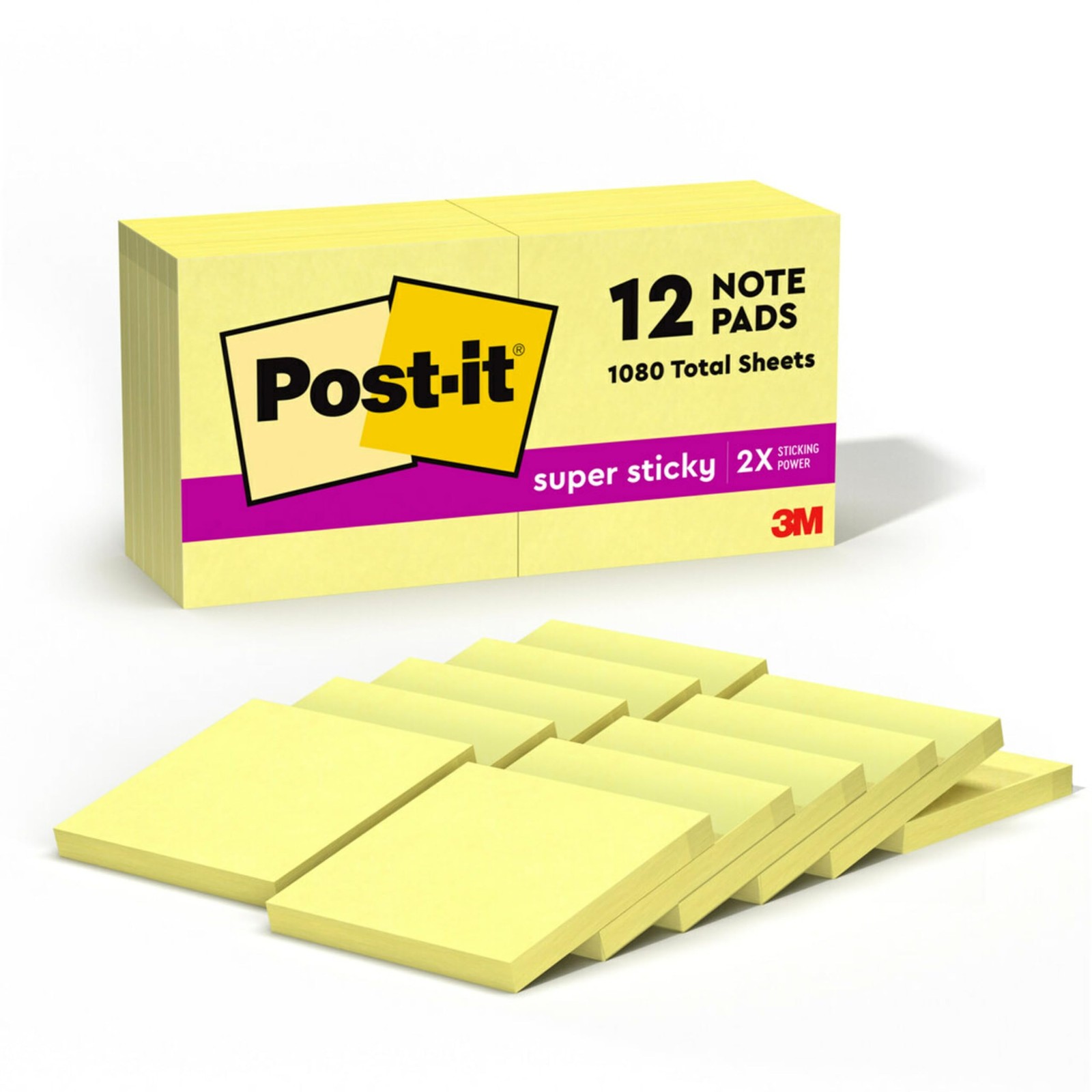 Post-it Super Sticky Notes, 12 Note Pads, 3 x 3 12 Canary Yellow 