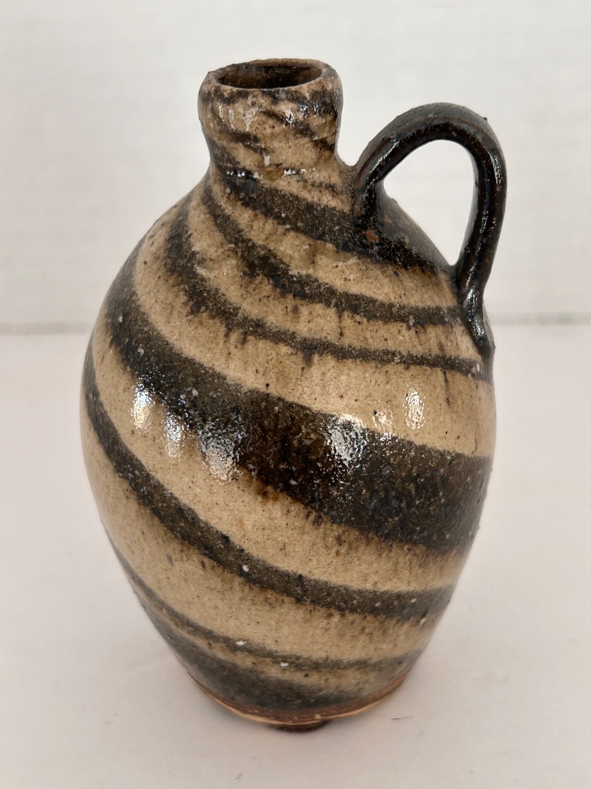 S E A Signed Brown & Cream Swirl Miniature Jug Catawba Valley Potter 3 3/4" Tall