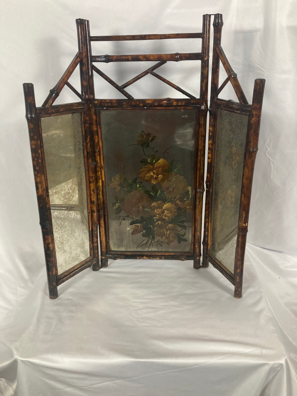 Antique Victorian Aesthetic Movement Bamboo Folding Fire Screen | Hand-Painted