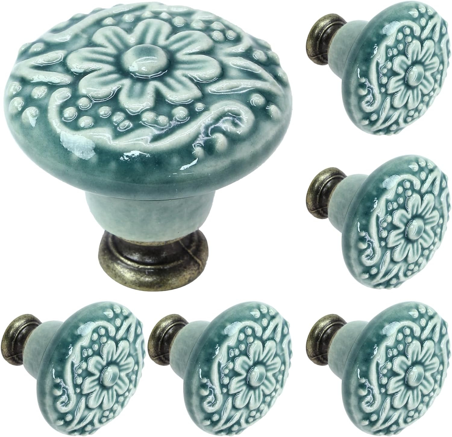 6 Pcs Green Ceramic Kitchen Cabinet Knobs, Retro Dresser Pulls, Vintage round Dr