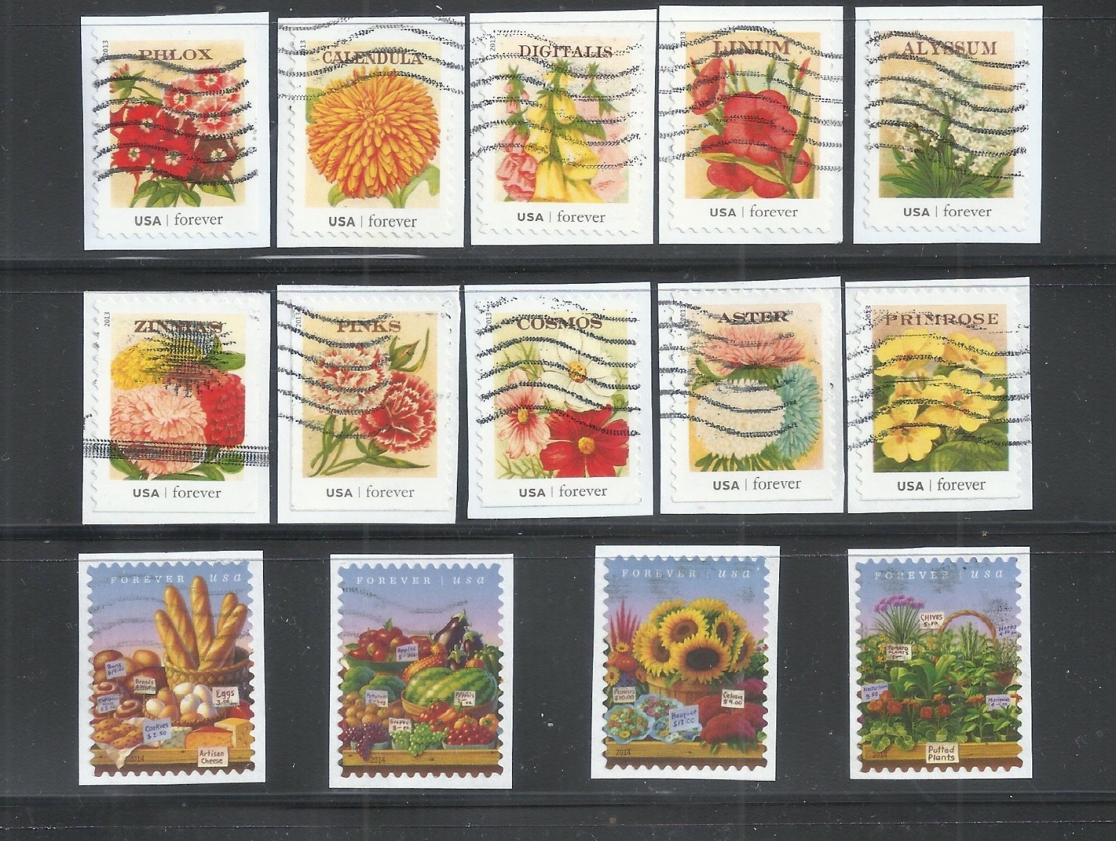 14 US USED STAMPS. SCOTT 4754-63, 4912-15