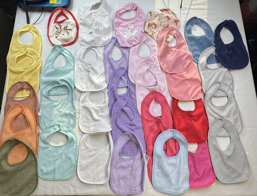 Lot of 28 HB Baby Bibs, Various Solid Color Snap closure + 5 bonus bibs varied.
