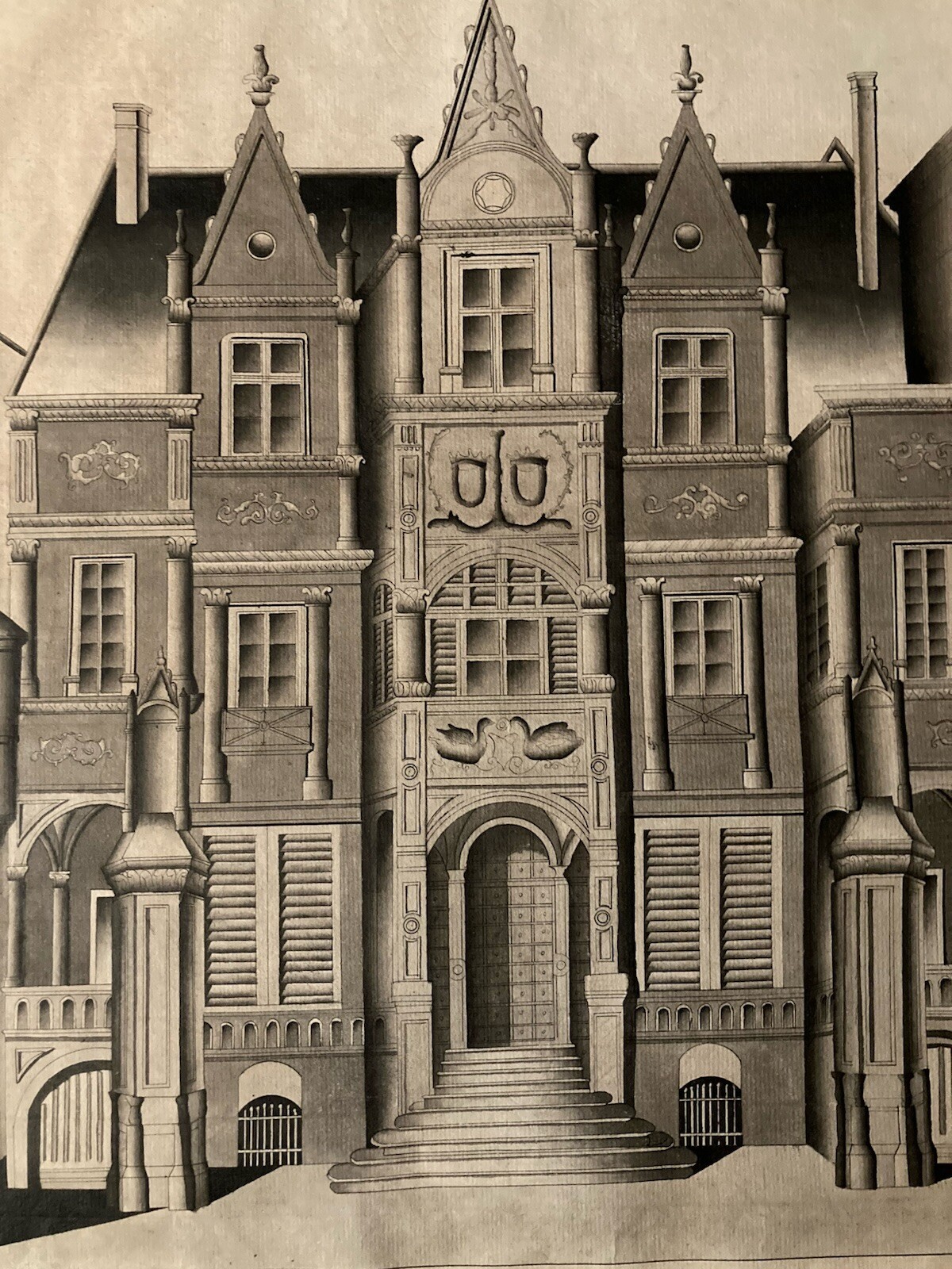 Very Nice Drawing L’ Avis Ink 1873 Hotel Gouin Tricks Gothic Architecture Art