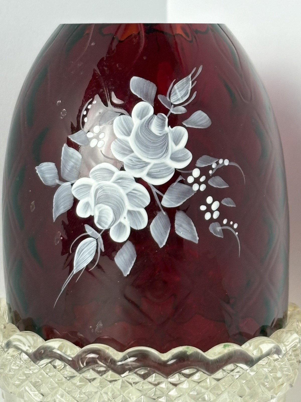 Fenton Ruby Red Hand Painted Floral Fairy Lamp - SIGNED 