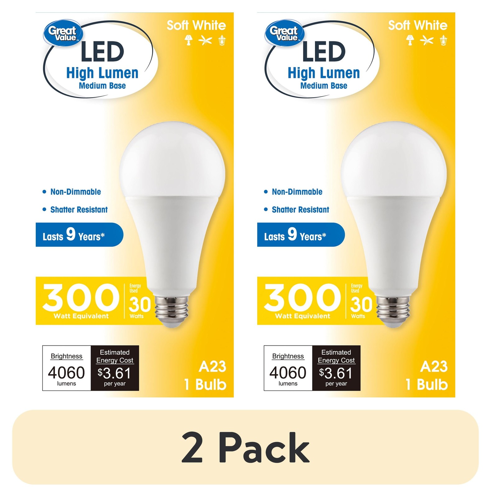 (2 pack) High Output A23 LED Light Bulb, 30-Watt (300W Equivalent), Soft White