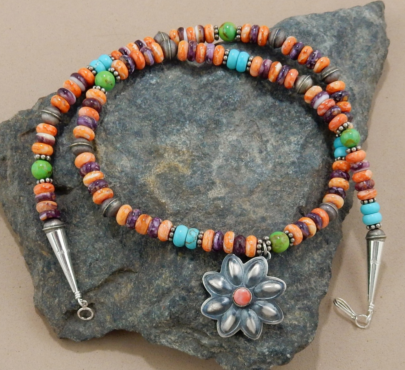 Orange & Purple Spiny Oyster Navajo Pearls Sterling Silver Necklace Pendant 19"