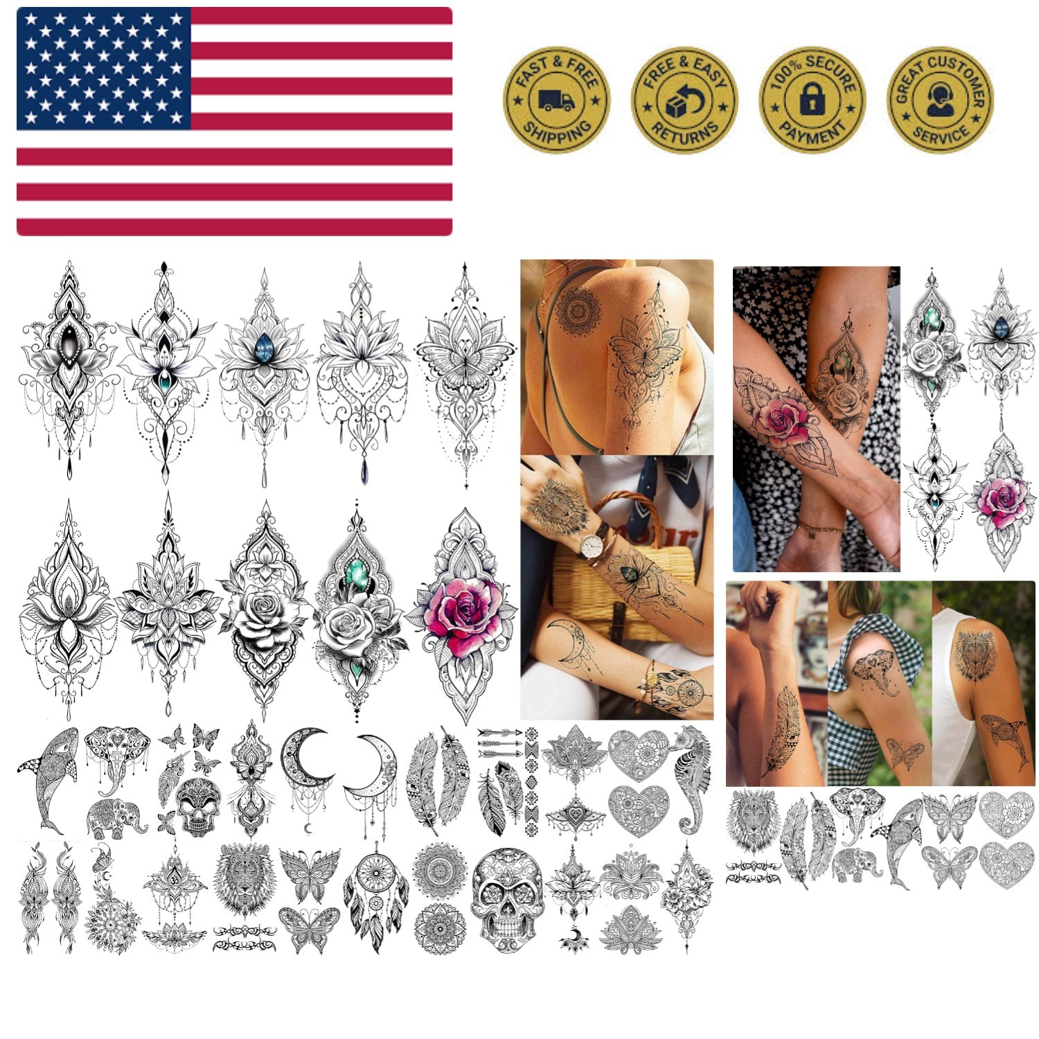 32 Sheets Sexy Black Lotus Temporary Tattoos For Women Girls Indian Tribal La...