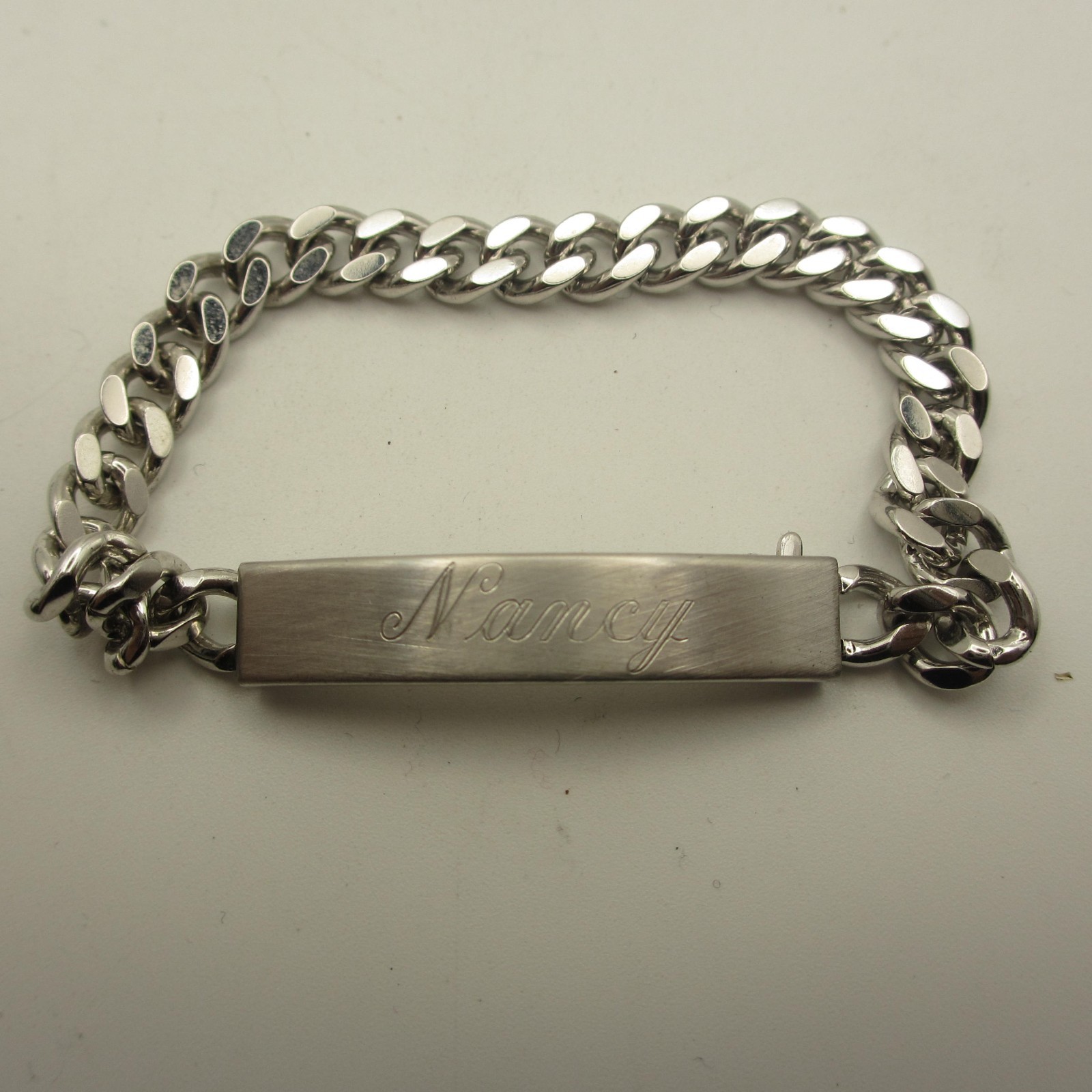 Vintage Speidel ID Bracelet Nancy Brushed Silver Tone Curb Chain
