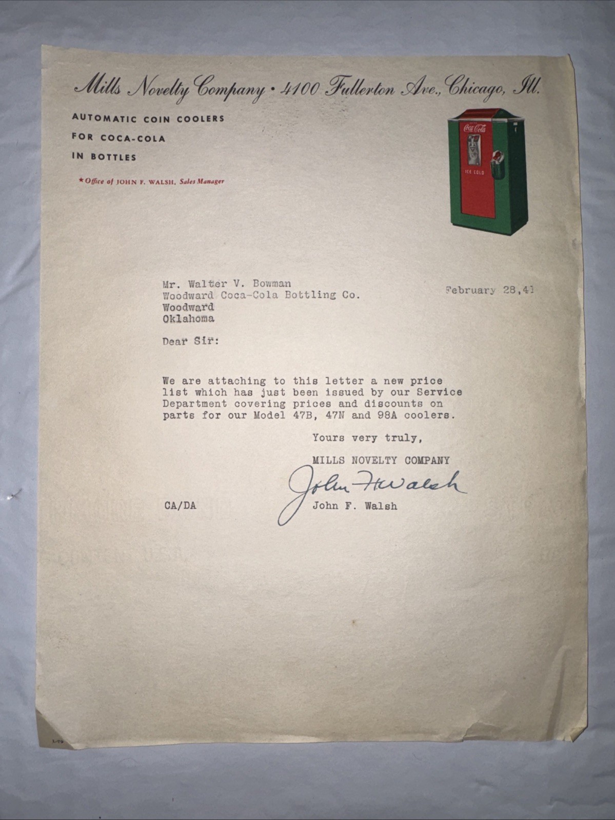 Original 1941 Mills Letterhead Coca Cola Bottler Woodward Oklahoma