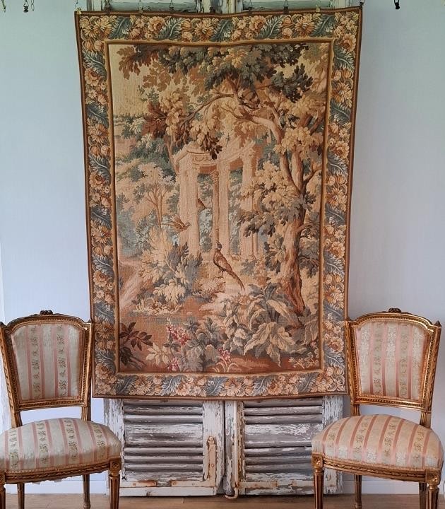 Fabulous Large Vintage French Verdure Woven Tapestry Wall Hanging, Folly & Birds