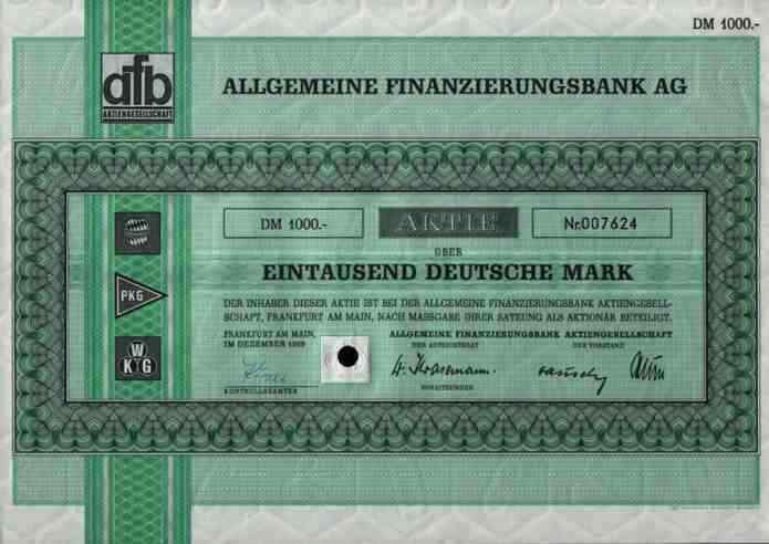 AFB Finanzbank 1969 Frankfurt Stuttgart Munich 1000 DM DG Bank BHF Bank