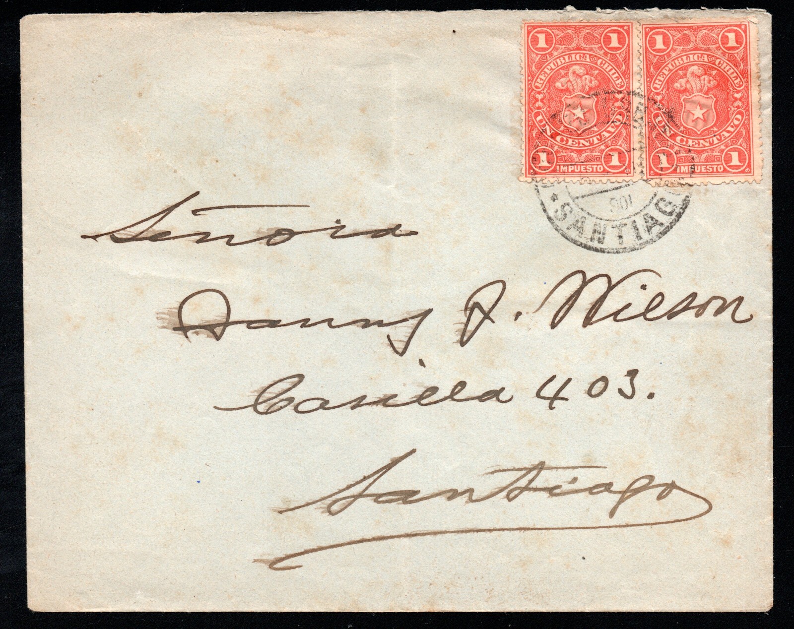 CHILE,  SOBRE, CIRCULADO CON 2 SELLOS FISCALES  (PH-38)