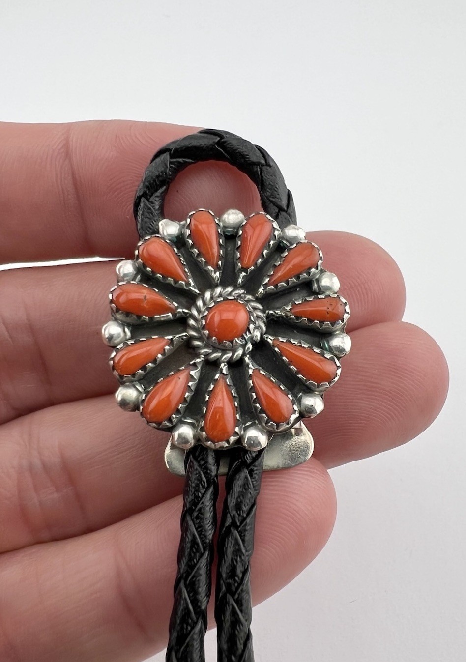Vintage Navajo Sterling Silver Natural Red Coral Cluster Round Bolo Tie