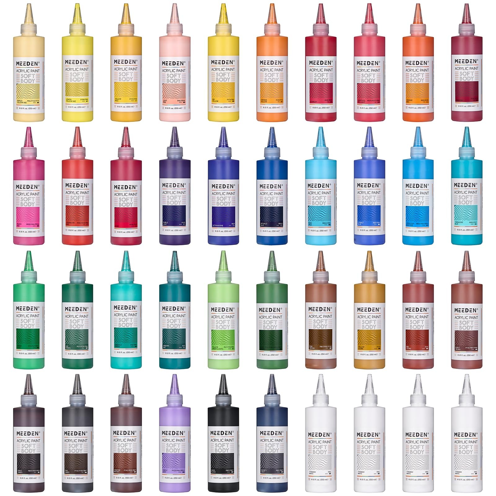 MEEDEN Soft Body Acrylic Paint Set: 40 Matte Colors x 250ml Fluid Art
