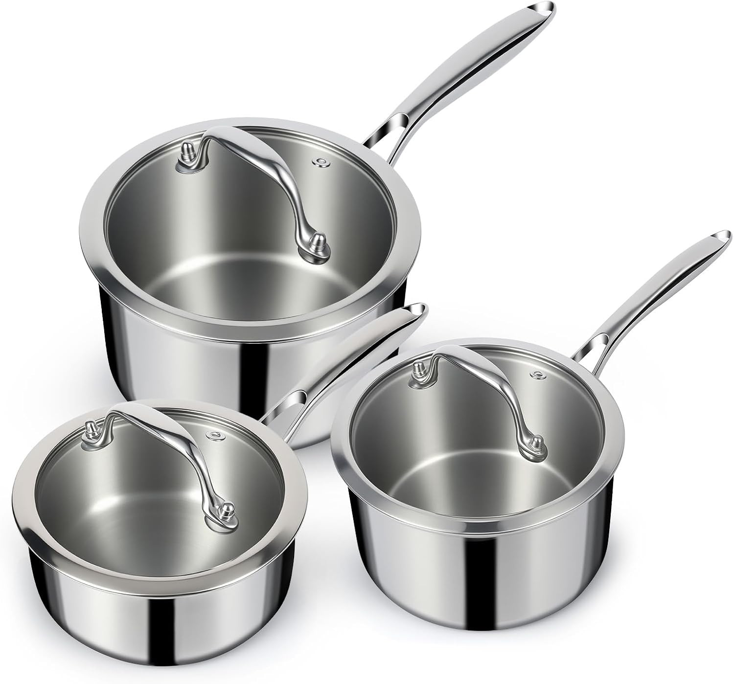3 Ply Stainless Steel Sauce Pan Set with Lids, 1 & 2 & 3 Quart Multipurpose Cook