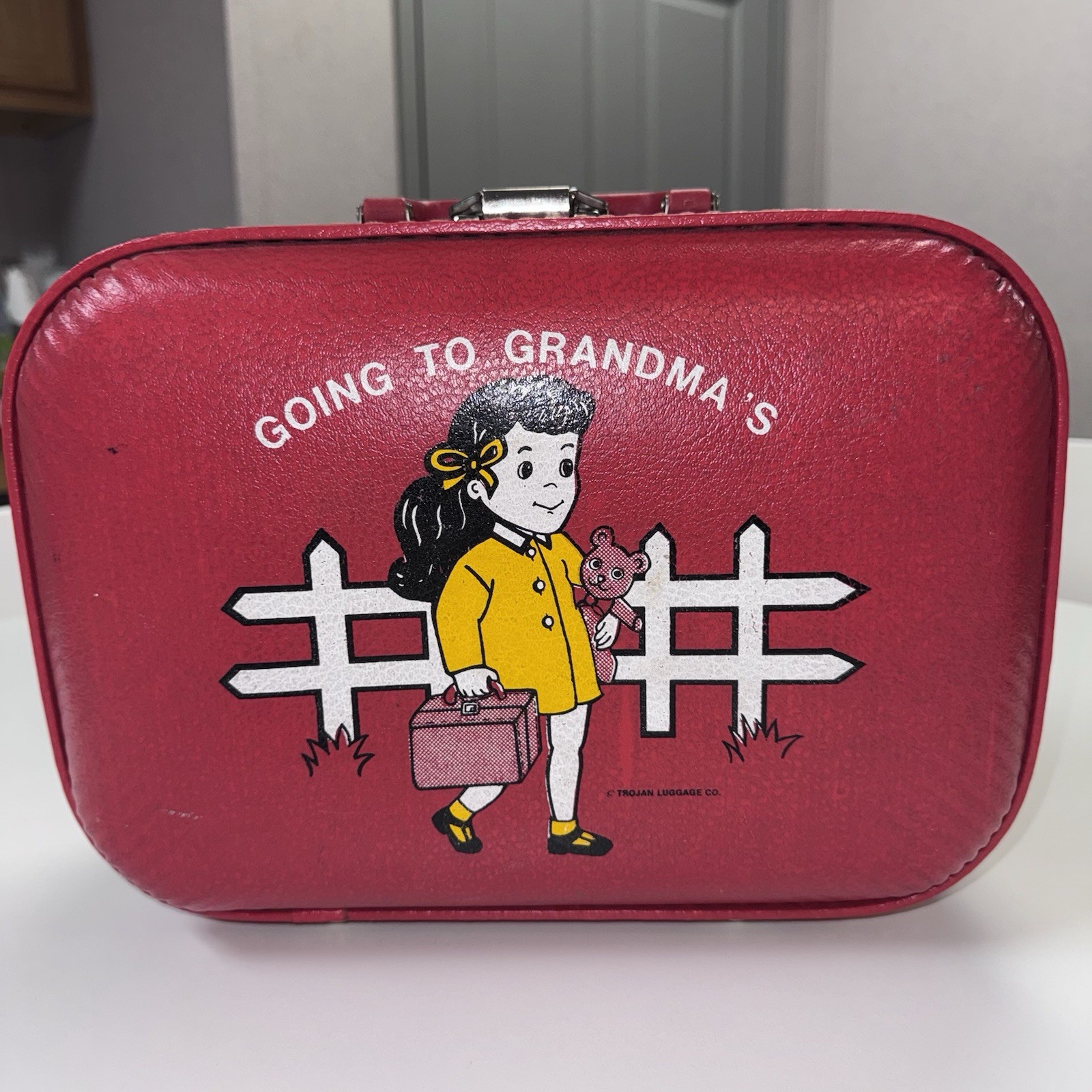 Vintage Trojan Luggage Co. Going To Grandma’s Suitcase: Red With Blue Lining