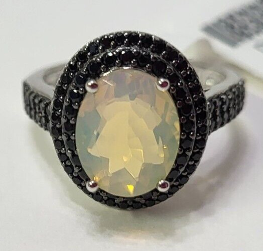 Ethiopian Opal Oval with Double Black Spinel Halo 925 Sterling Ring Sz 6 China