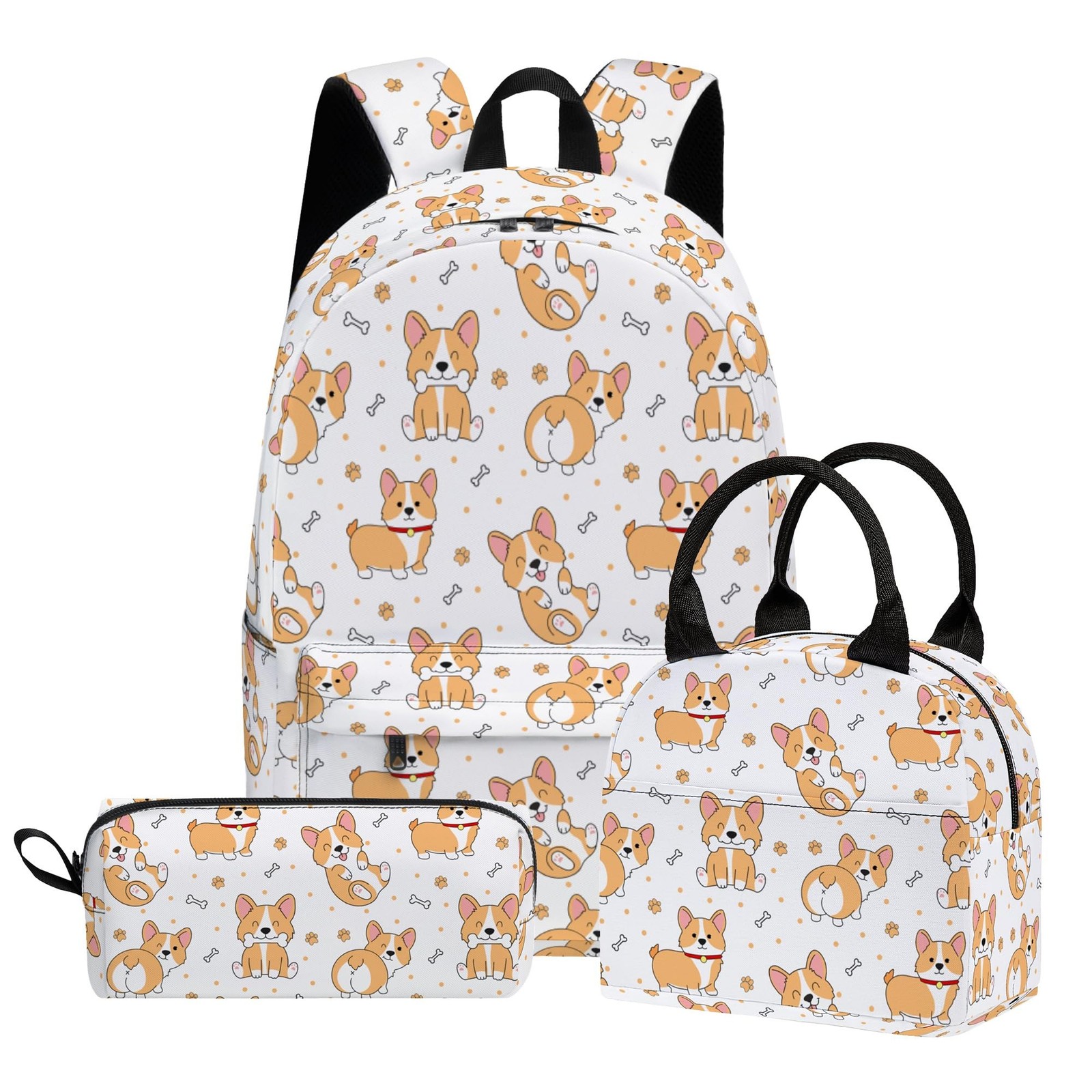 Corgi Cute 3PCS Backpack Set for Teens Elementary Middle High School, 17 Inch...