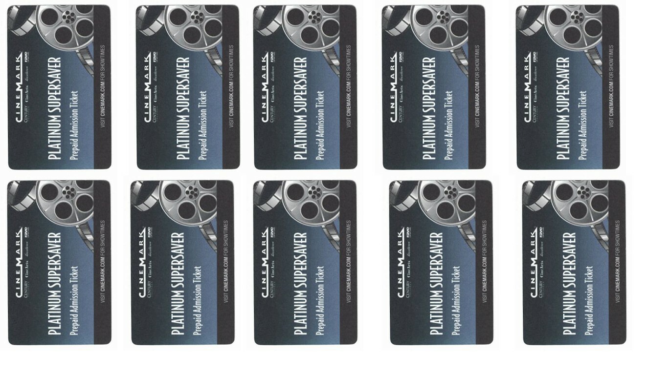 10 CINEMARK PLATINUM SUPERSAVER Century Theater Prepaid Movie Tickets - No Exp.