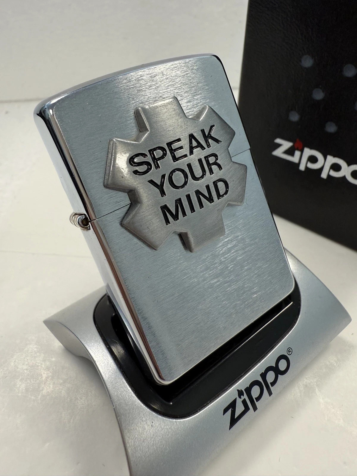 GENUINE Zippo Lighter MARLBORO SPEAK YOUR MIND Surprise Brushed Chrome 2004 NEW