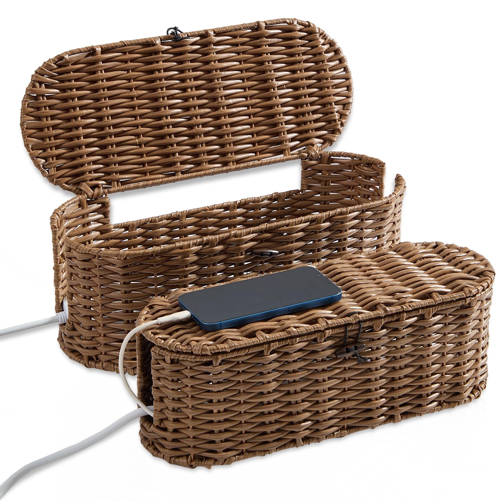 Cable Management Box 2Pack Brown, Handwoven Large and Small Cable Organizer B...
