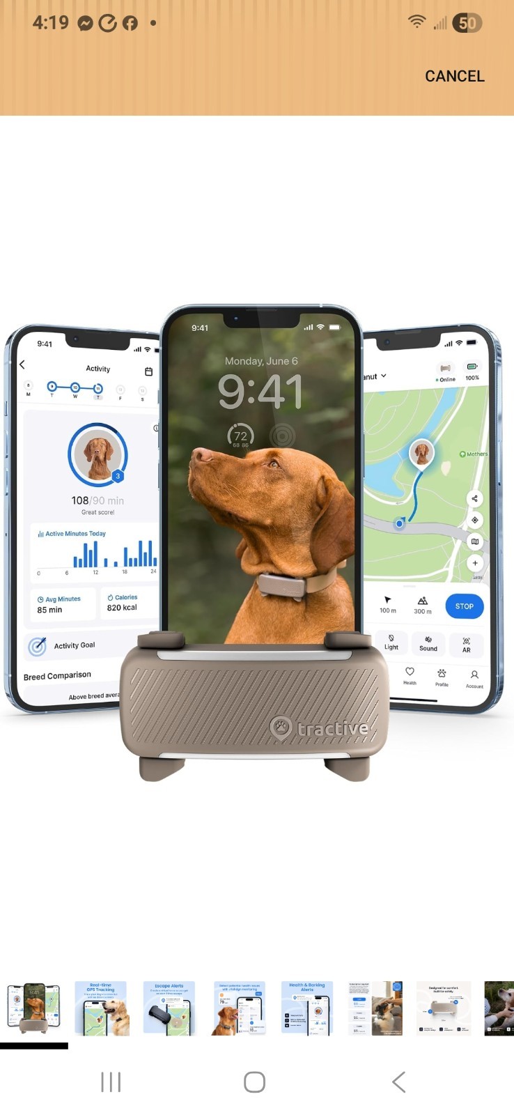 Tractive DOG 6 Waterproof GPS & Health Tracker for Dogs BEIGE 