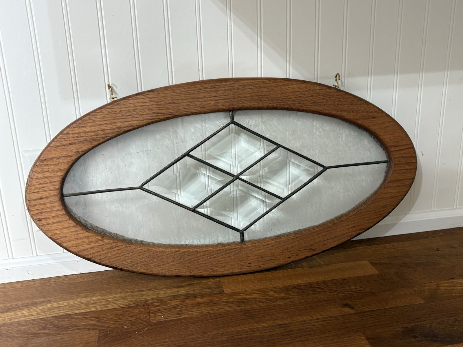 Vintage Antique 21 x 10.5” Beveled Leaded Glass Oval Antique Wood Framed